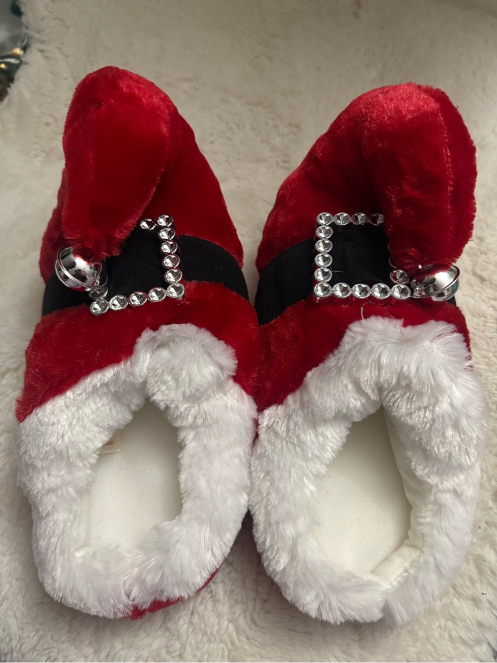 Festive Red Plush Holiday Slippers with Rhinestone Buckle